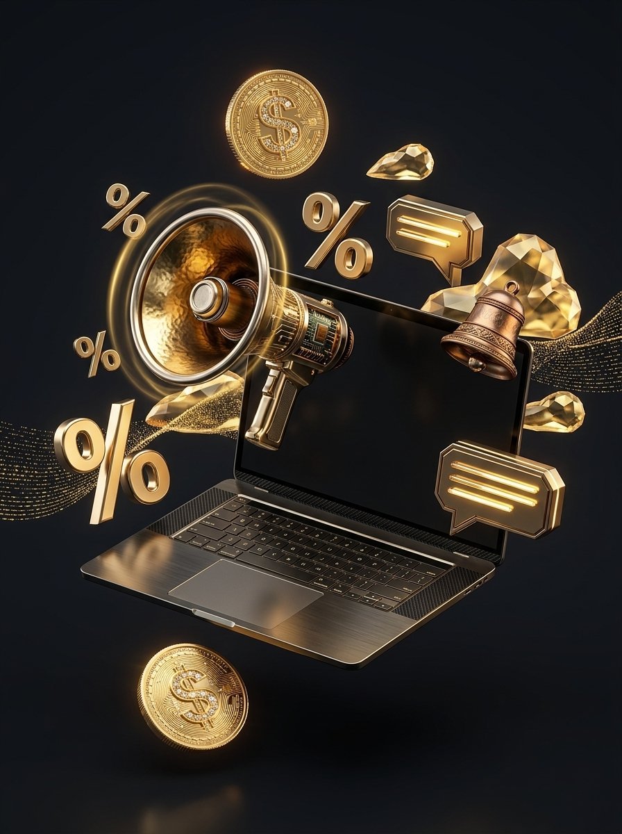 Ilustração dourada de marketing de afiliados com laptop, megafone e ícones de dinheiro