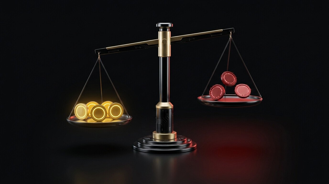Balança dourada com moedas de ouro em um prato e fichas vermelhas no outro